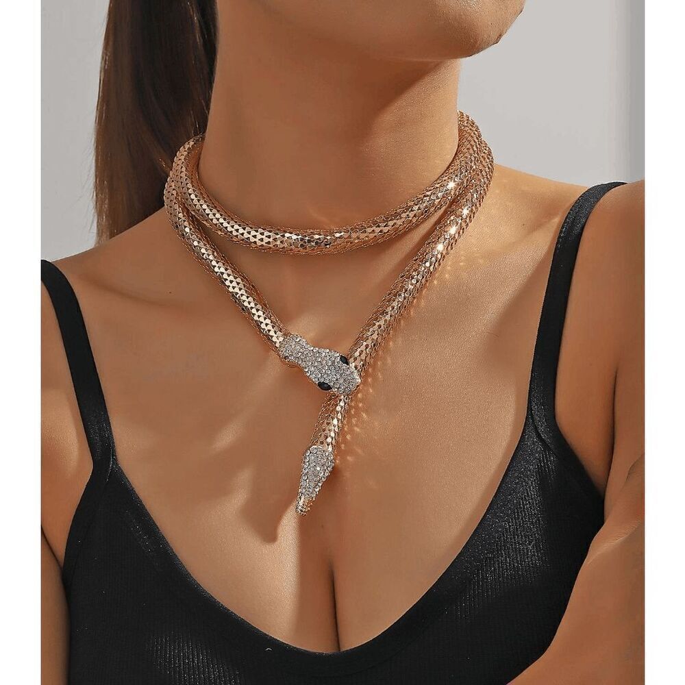 ✨🐍 Gold Snake Rhinestone Bendable Blingy Statement Open Choker Necklace NEW